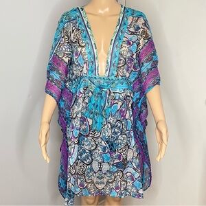 Vibrant Blue Turquoise and Purple Sheer Women's Swim Cover-Up Fits M/L